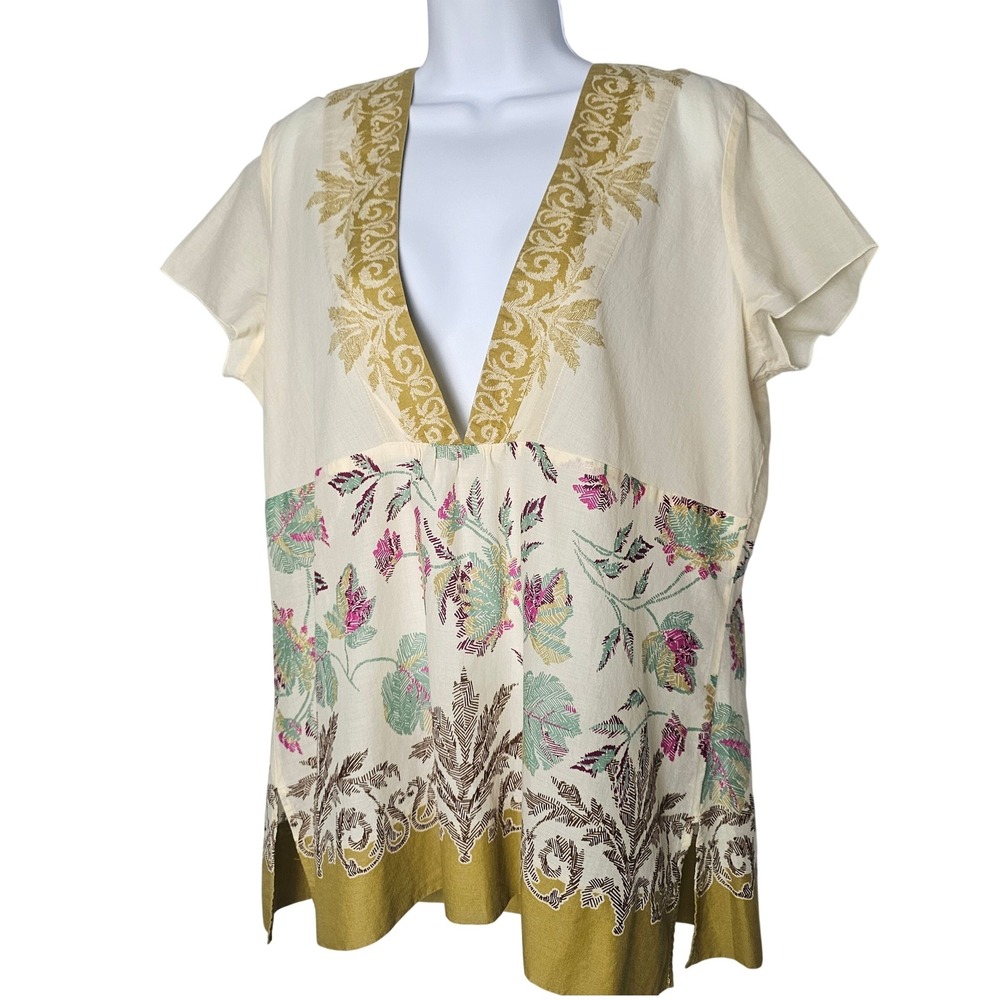 J. Jill Tunic Blouse Women LP Cream Gold Boho Artsy Lightweight Botanical Cotton